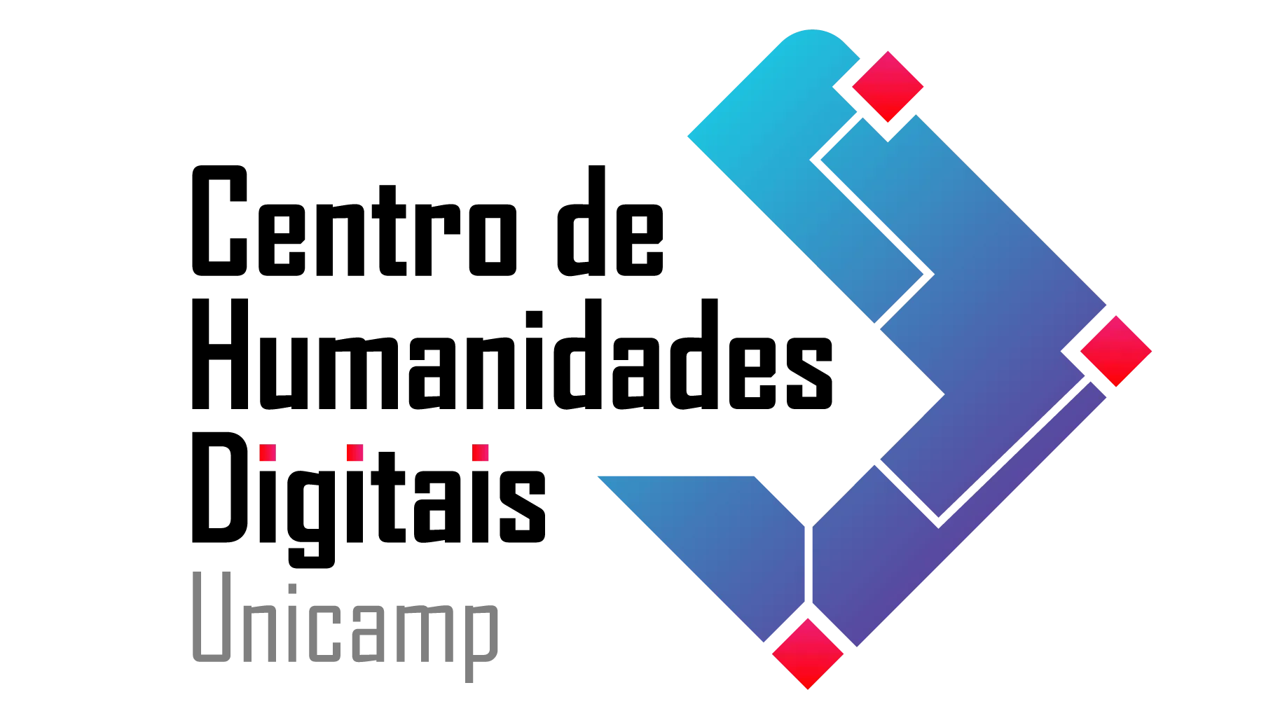 Logotipo do Centro de Humanidades Digitais. À esquerda, o nome está escrito em letras pretas, alinhado à esquerda e dividido em três linhas. À direita, há um ícone geométrico em formato de suporte ou "flecha" estilizada, apontando para a direita. O ícone possui um degradê que vai do azul claro no topo ao roxo na base, decorado com linhas brancas finas que lembram circuitos e pequenos losangos rosa nos vértices. O fundo é branco.